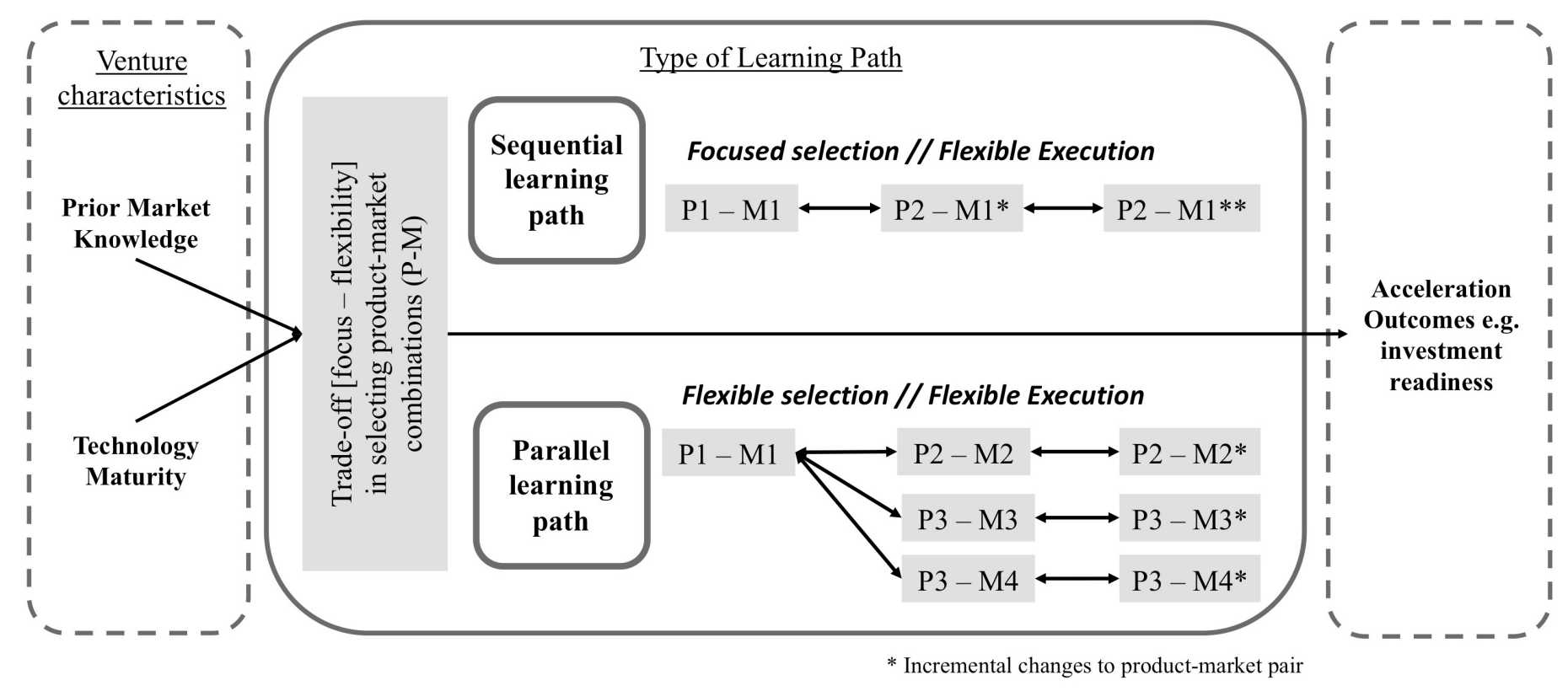 Schematic illustration of the learning paths in the CKIC acceleration program: program tenants either followed a sequential or a parallel learning path, i.e. explored market options either sequentially or multiple options in parallel.